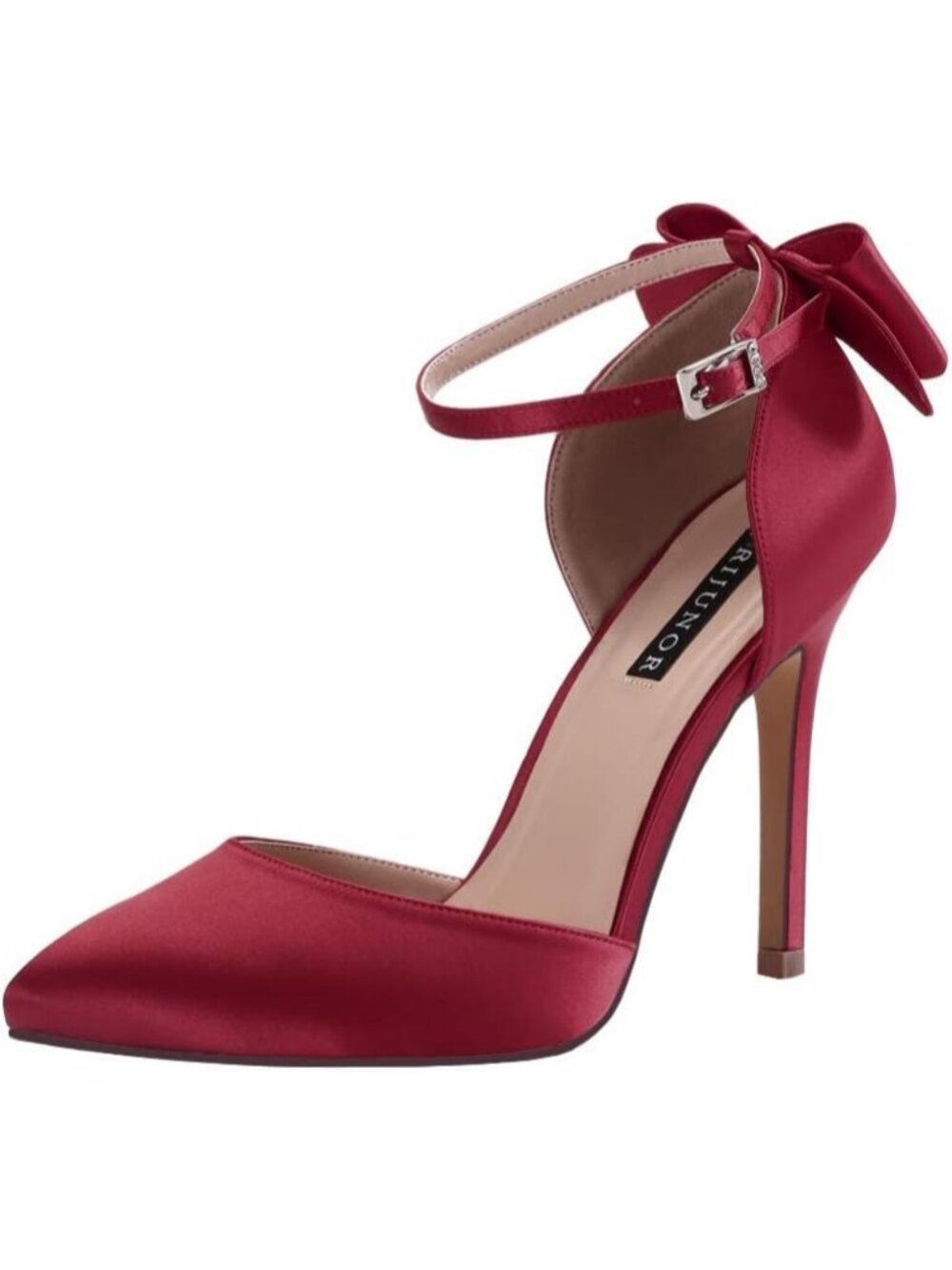 Women's Burgundy Satin Bow Ankle Strap Pointed Toe Party Dance High Heels